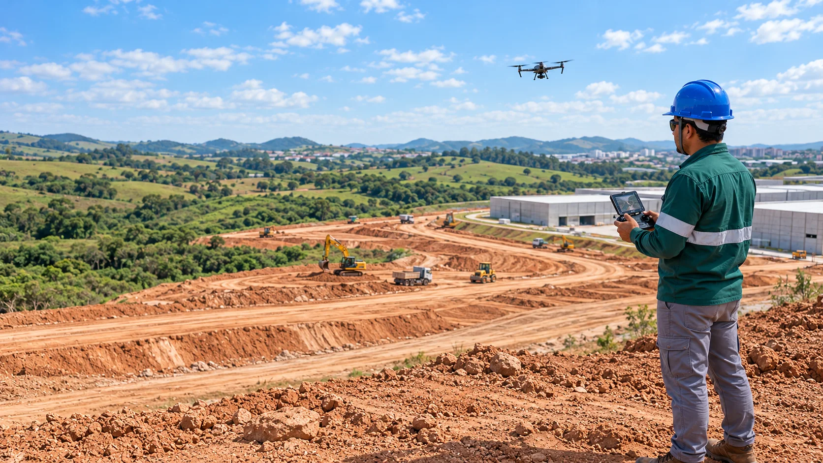 Drone RTK profissional em voo de mapeamento sobre terreno
