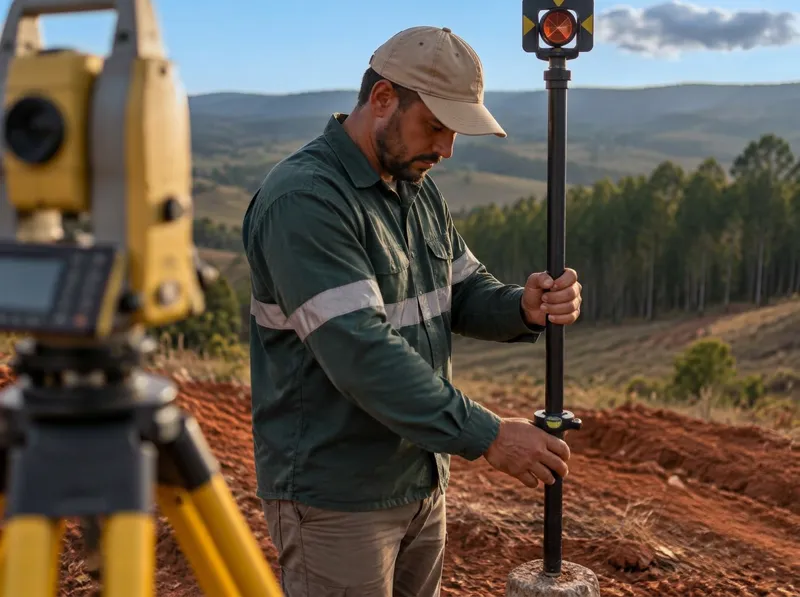 Técnico com GNSS RTK em terreno inclinado com cafezal