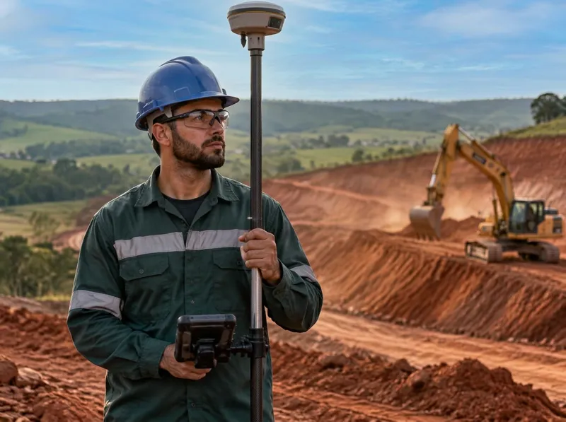 Locação com GNSS em área de terraplanagem, com escavadeira e motoniveladora